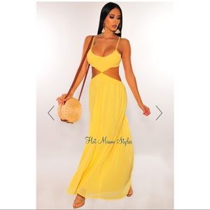 Yellow smocked spaghetti straps cut out maxi dress
